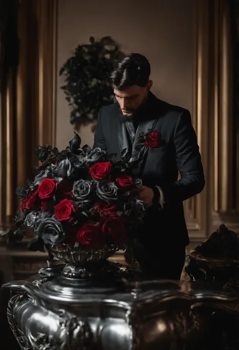 The King of Hell carefully arranging a beautiful bouquet of black roses in a silver vase.,original,the devil, male