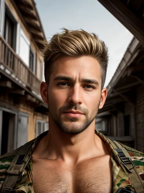 masterpiece, best quality, high resolution, closeup portrait, male focus, solo focus, A man, 35 years old, with military clothes, soldier, blonde bleached hair, messy hairstyle, cute and seductive face, bare chest, body hair, facial hair, roman nose, very ...