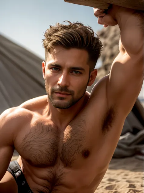 masterpiece, best quality, high resolution, closeup portrait, male focus, solo focus, A man, 35 years old, with military clothes, soldier, blonde bleached hair, messy hairstyle, cute and seductive face, bare chest, body hair, facial hair, roman nose, very ...