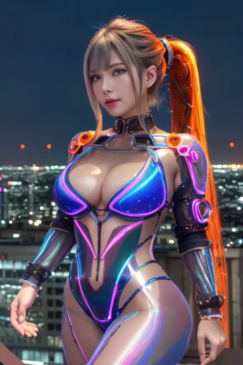 Cyber City at Night,(Gorgeous night view illumination:1.3),(Stand on the roof of a building:1.3)The actress is a very beautiful Western adult woman..(Sexy super shiny orange transparent holographic mechanical cyberpunk suit:1.3) ,Sexy face, a necklace,pier...