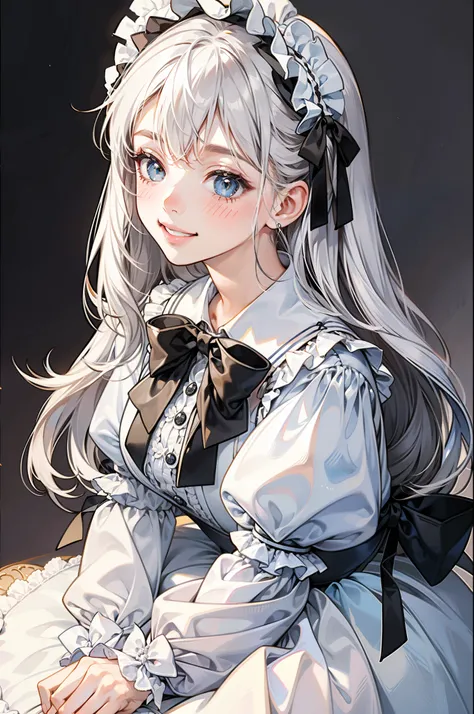 girl with、Background white、without background、Grey-white hair、Twin-tailed、Two knots、with blush cheeks、White and black Lolita fashion、frilld、bow ribbon、Smiling、kawaii、without background