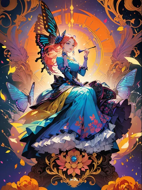 Butterfly motif、Orange and indigo keynotes、Vibrant colors、((​masterpiece)))、(((top-quality)))、((ultra-detailliert))、(A hyper-realistic)、(highly detailed CGillustration）、Official art、Paris at the beginning of the 20th century、Decadent、Madame Papillon、Cool B...