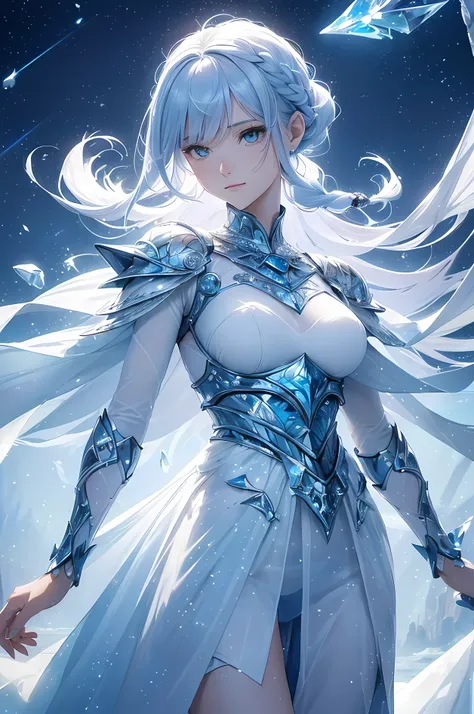 A beautiful woman, ((( ice knight, ice control, ice crystal, armor and clothes and mantle made using ice,  ice floatings around, elegance under the sun, movement motion, image look alive))), ((perfect body figure, beautiful face, beautiful face, milf, age ...