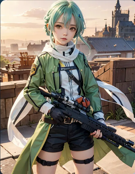 Chinon da Sword Art Online, (segurando um rifle: 1.2), master part, Qualidade Superior, oi-nada, 1girl, sinon1, echarpe, luvas sem dedos, mangas compridas, shorts, enfeites de cabelo, grampos de cabelo, Verde Neeso, green jacket, thigh straps, rifle, ultim...