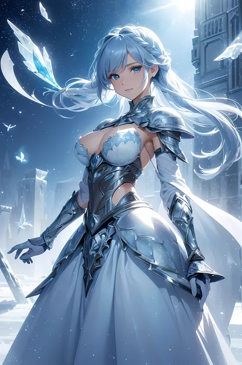 A beautiful woman, ((( ice knight, ice control, ice crystal, armor and clothes and mantle made using ice,  ice floatings around, elegance under the sun, movement motion, image look alive))), ((perfect body figure, beautiful face, beautiful face, milf, age ...