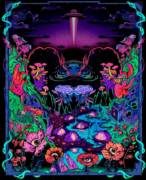 a close-up of a psychedelic poster with a lake and flowers, Dan Mumford e Alex Grey Estilo, black light velvet poster, El Bosco e Dan Mumford, psychedelic illustration, Blacklight Poster, ( ( ( ( ( Dan Mumford ) ) ) ) ), cosmic lsd poster art, Arte Trippy,...