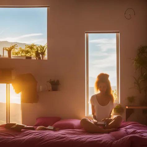 a woman in the bedroom studying with headphones and glasses, janela com vista para a natureza, birds flying, brazi, Inspirado no Synthwav,