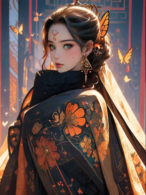 Butterfly motif、orange tone、Vibrant colors、((​masterpiece)))、(((top-quality)))、((ultra-detailliert))、(A hyper-realistic)、(highly detailed CGillustration）、Official art、Venice at the beginning of the 20th century、Decadent、Madame Papillon、Cool Beauty、Masquera...