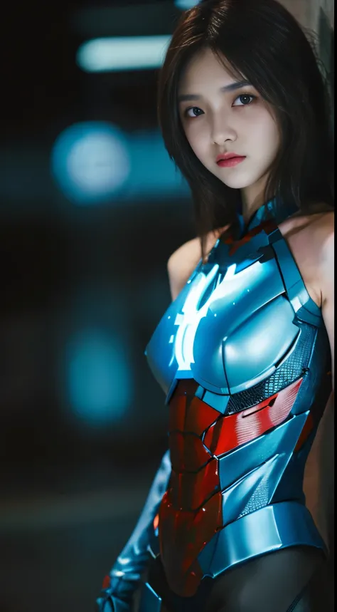 Translucent Fine Blue Mechanical Girl, Future Girl, ((Woman/Diabolical/skeletal/zombie/ironman/batman/spider-man/Samus Allan)), Mechanical joint, futuristic city backdrop, Modelshoot style, (Highly detailed CG Unity 8k wallpaper), The beauty of abstract st...