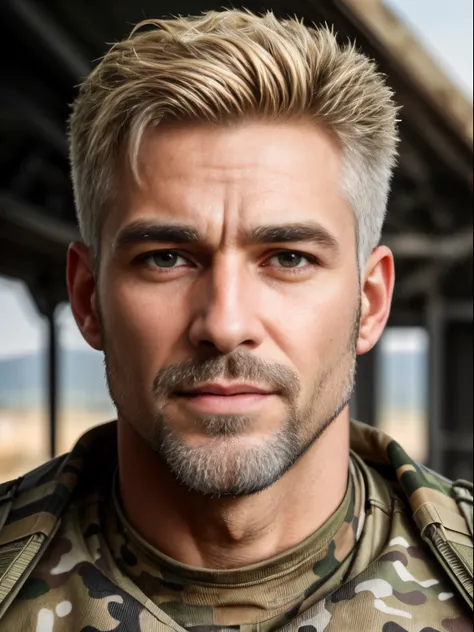 masterpiece, best quality, high resolution, closeup portrait, male focus, solo focus, A man, 50 years old, with military clothes, soldier, blonde bleached hair, messy hairstyle, cute and seductive face, bare chest, body hair, facial hair, roman nose, very ...