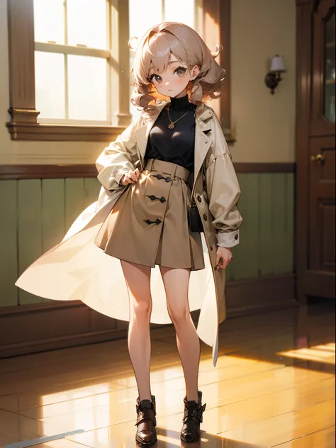 1girl, full - body, Young,short height, Dlrivery girl, beige curly hair,stylish clothes loose pose