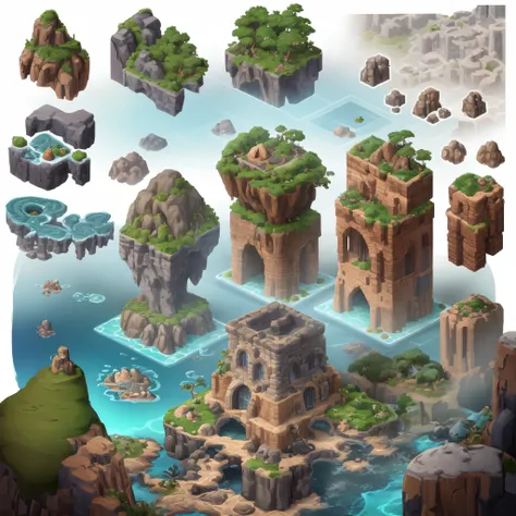 Make a set of resource and asset tiles with isometric graphics for video games with a white background with pinos, plantas, rocas, troncos, setas, arroyos, lagunas, Ultra HD, Bueno hecho, RPG, todo fondo blanco bisometric asset style conquer online and eud...