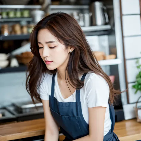 from side, super high quality, 8k, RAW photo, realistic, messy medium hair, forehead, hair over one eye, beautiful woman, full makeup, annoying slender, perfect proportion, wearing only apron