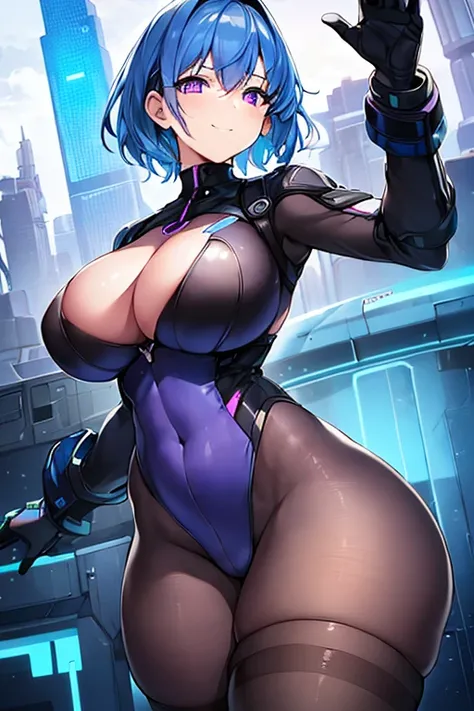 1girl, wide hips, thick thighs, breasts, large breasts, futuristic, tech, science-fiction, machinery, blue hair, very short hair, purple eyes, light smile, smile, bodysuit, black bodysuit, neon trim, pantyhose, black pantyhose, thighhighs, blue neon trim, ...