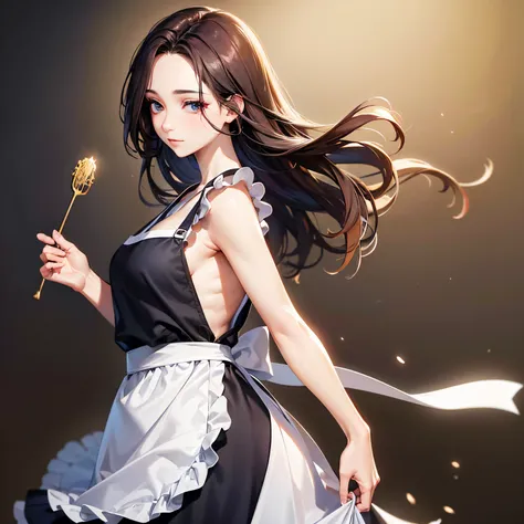 from side, super high quality, 8k, RAW photo, realistic, messy medium hair, forehead, hair over one eye, beautiful woman, full makeup, annoying slender, perfect proportion, wearing only apron