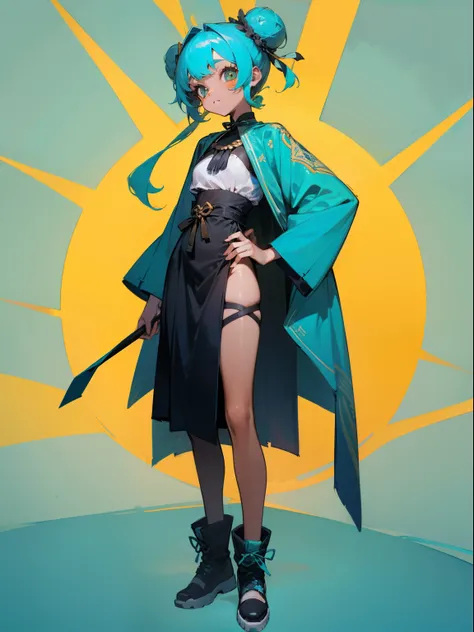 1girl, full - body, Young,short height, Dlrivery African girl, blue hair tied up in a bun ,national clothes turquoise and lemon color