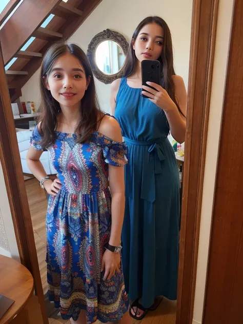 there is a woman and a girl who are standing in front of a mirror, usando um vestido maravilhoso, Wearing a flowing dress, wearing a summer dress, usando um vestido longo, usando um vestido azul, usando um vestido, usando vestido azul, usando vestidos, wea...