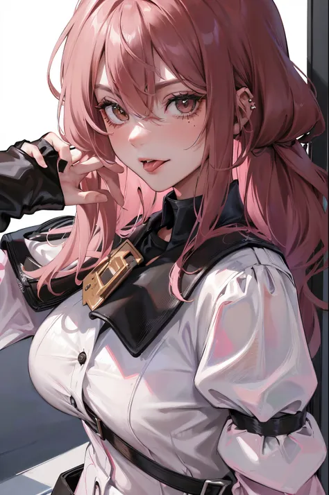 (highest resolution, distinct_image) Best quality, a females masterpiece, highly detailed, semi realistic,(most of body),pink long hair, bangs, 18 years old, young,black fitting,Pinkish-purple flight suit,Stand collar shirt,Sharp Face,(brown Eyes, Hair Bet...