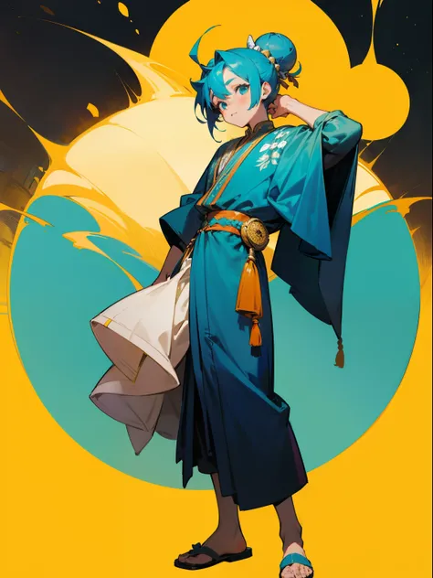 1boy, full - body, Young,short height, Dlrivery boy African, blue hair tied into a bun at the top of the head ,national clothes turquoise and lemon color