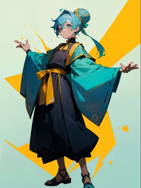 1boy, full - body, Young,short height, Dlrivery boy African, blue hair tied into a bun at the top of the head ,national clothes turquoise and lemon color