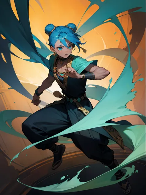 1boy, full - body, Young,short height, Dlrivery boy African, dark face blue hair tied into a bun at the top of the head ,national African clothing turquoise dynamic pose