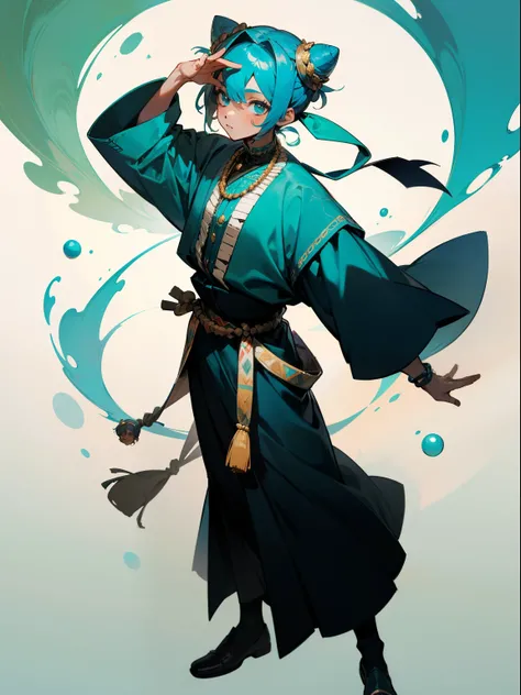 1boy, full - body, Young,short height, Dlrivery boy African, dark face blue hair tied into a bun at the top of the head ,national African clothing turquoise dynamic pose