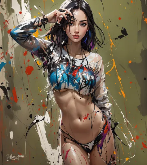 Cuadro de una mujer en bikini con salpicaduras de pintura en la pared., Hermosa obra de arte digital, Hermoso arte UHD 4 K, James Gurney estilo de pintura, beautiful comic art, deviantart artstation cgscosiety, [ Arte digital 4K ]!!, Karol behind UHD, Arte...