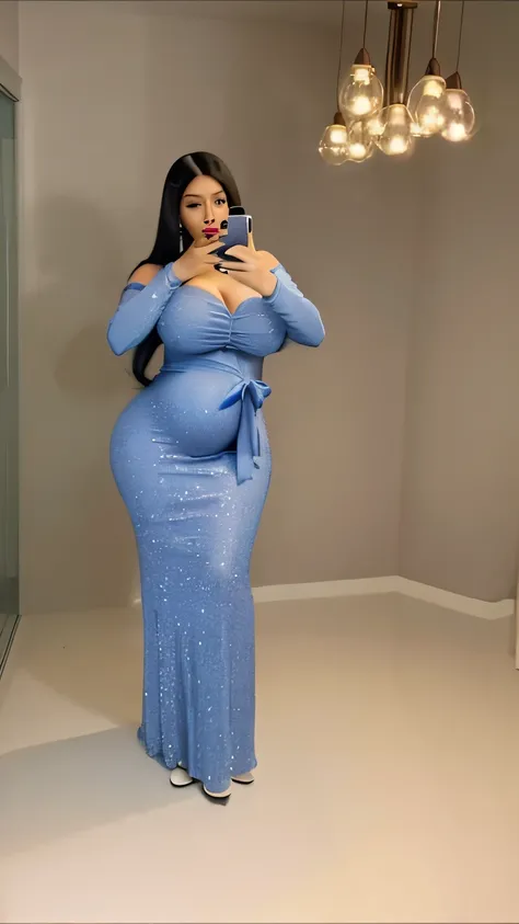 pregnant woman in blue dress taking selfie in mirror, nicki minaj curvy, she has a jiggly fat round belly, curvy hourglass figure, curvy and bow, cardi b, in a dress, thicc, curvy figure, hyperrealistic full figure, curvy accentuated booty, wide hips, full...