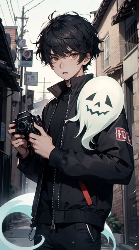 18 year old boy, black hair, brown eyes, holding a camera, scared, high quality, haunted mansion background, realistic ghost in the background, scared expression, messy hair,