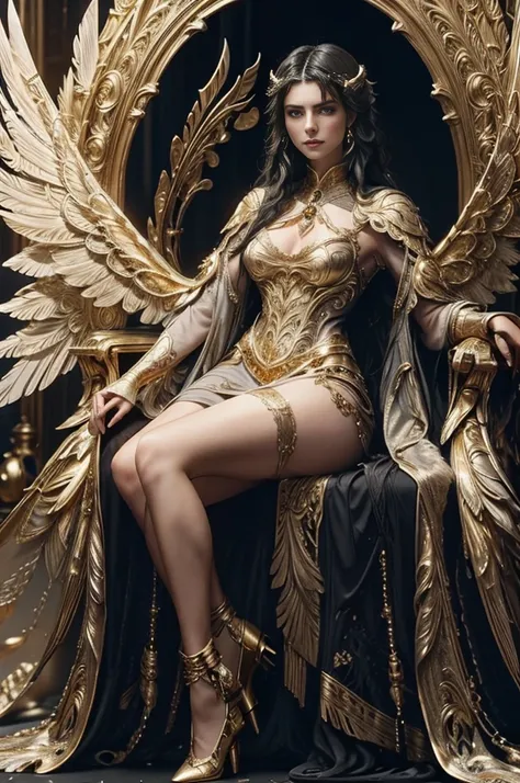 a woman ((18 years old)) with long black hair, blue eyes, smiling, statuesque and sexy body, ((full body)), , Victorian era style, wearing a light flowing dress, in the background crystal and gold castle with giant colorful birds, Daeni Pin Style, [Daniel ...