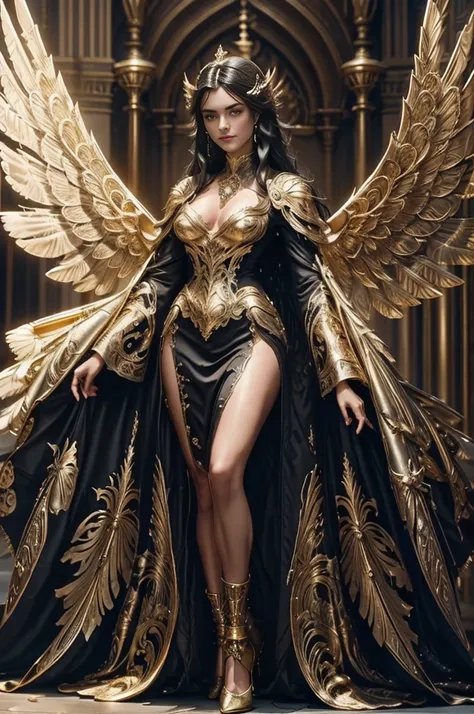 a woman ((18 years old)) with long black hair, blue eyes, smiling, statuesque and sexy body, ((full body)), , Victorian era style, wearing a light flowing dress, in the background crystal and gold castle with giant colorful birds, Daeni Pin Style, [Daniel ...