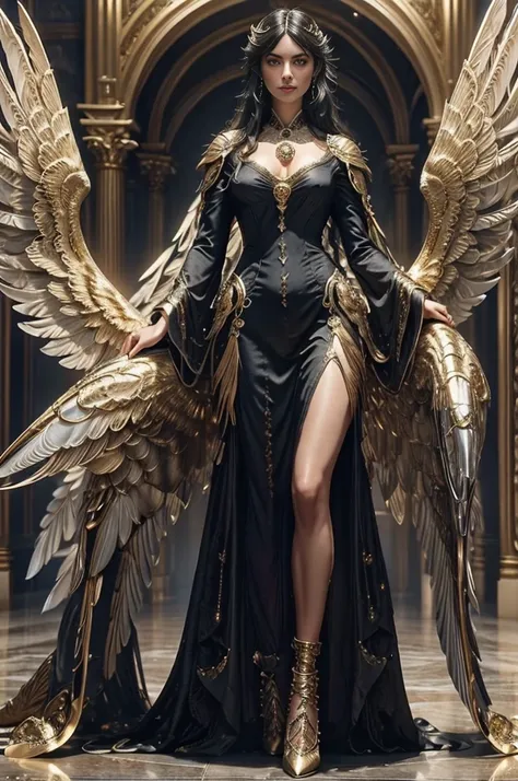 a woman ((18 years old)) with long black hair, blue eyes, smiling, statuesque and sexy body, ((full body)), , Victorian era style, wearing a light flowing dress, in the background crystal and gold castle with giant colorful birds, Daeni Pin Style, [Daniel ...