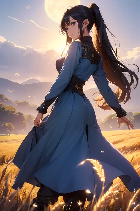 A beautiful woman, (((1 girl, solo, running, (wheat field), turning around, blue eyes, long blue dress, middle ages, medieval outfit, long sleeves sunset, light from behind, shadow on the figure, smile, laughter, (blue sky), against the background of wheat...