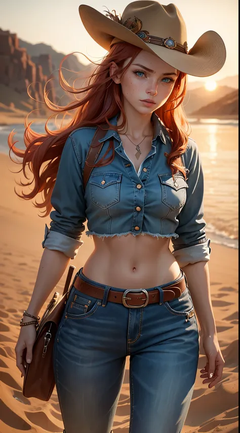 Generate an image featuring a red-haired woman with freckles and blue eyes in a cowboy aesthetic, utilizing a cowboy shot perspective. Detail her outfit with a checkered shirt tied to expose a portion of her midriff, complemented by denim jeans, a belt, an...