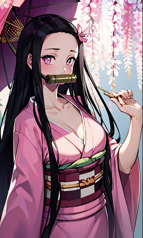 masterpiece, (pink kimono), seductive face, good lighting, décolleté, fine details, masterpiece, glowing eyes, 1girl, black hair, gag, bamboo, Nezuko Kamado, wisteria background, masterpiece, best quality, POV, whole body, wide hips,