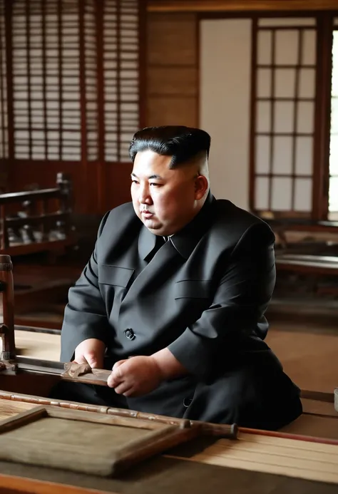 A photo of Kim Jong-un at a traditional Korean calligraphy studio,original,Kim Jong-un, the North Korean leader, is known for his distinctive appearance: a round face, a distinctive haircut with shaved sides and longer hair on top, and a stocky build. He i...