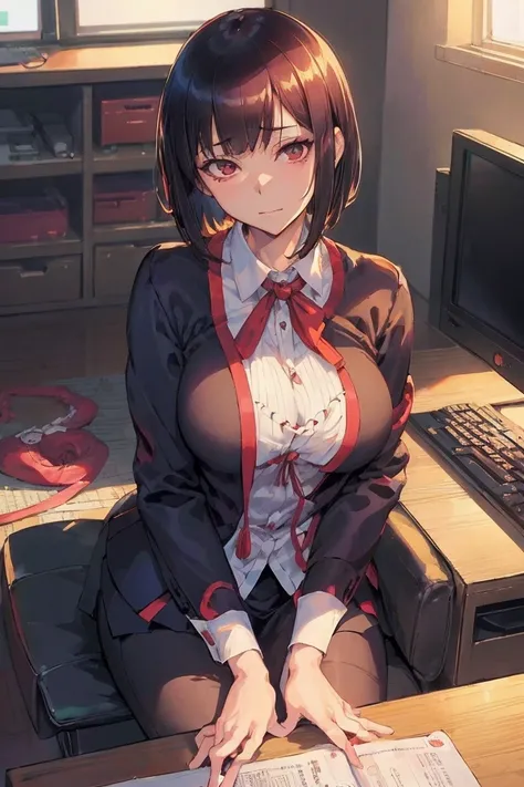 ((masutepiece,Highest shadow, nice lining : 1.2)), Original Character, mature woman with a beautiful face, medium breasts⁩, Soft smile, Wear office clothes (highest details), sitting in front of computer, Detailed background in mobile phone