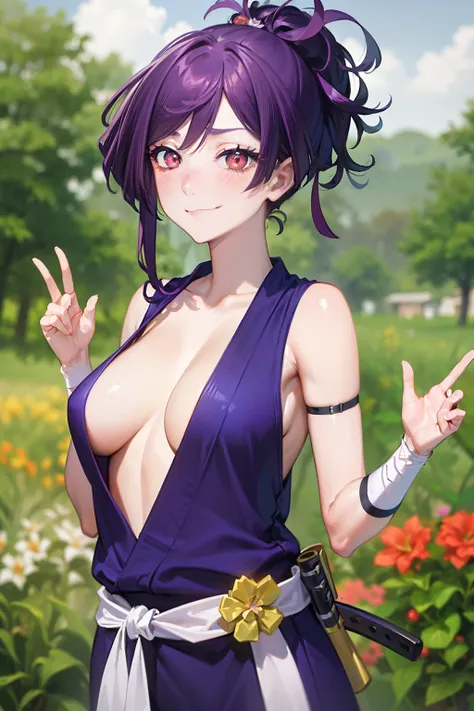 (best quality:1.1), (masterpiece:1.2), portrait, 1girl, yuzuriha_(jigokuraku), purple hair, brown eyes, ninja, open clothes, cleavage, small breasts, topknot, medium hair, breasts apart, white obi, smirk, outdoors, (blush:1.1), flowers (NSFW 1.5)