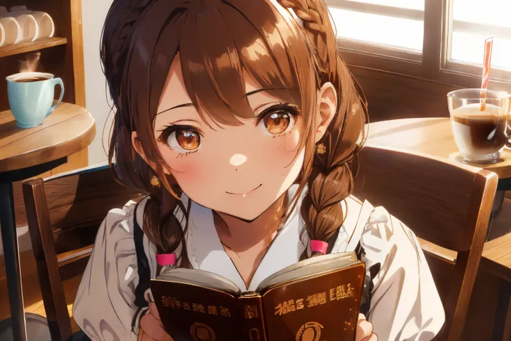 fluffy hair,brown hair,(downward twintails),((braided shorthair)),slightly red tide,((brown eyes)),(a coffee shop with a showa r...