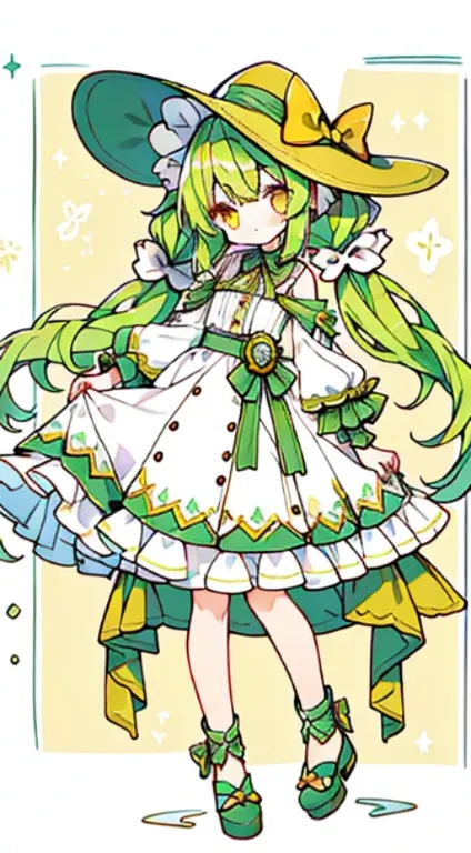 Esbian for the whole body、A Worthwhile Picture、one girls、tmasterpiece、topquality、Outstanding picture quality、Yellow-green hair、yellow eyes、Two-tailed、low twintails、Summer hat、wide-brimmed hat、summer dress、white summer dress、puro、Summer background