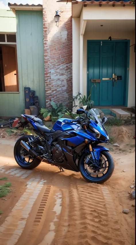 there is a motorcycle parked outside of a house in the dirt, r6, front side full, f32, f 3 2, modern minimalist f 2 0 clean, full device, motorbike, dang my linh, front side view, front profile, front side, translucent sss, motorcycle, side front view, unr...