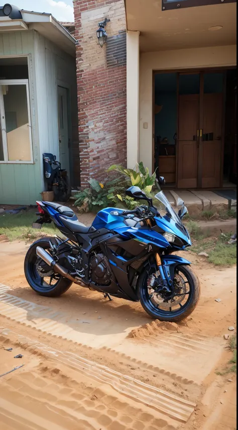 there is a motorcycle parked outside of a house in the dirt, r6, front side full, f32, f 3 2, modern minimalist f 2 0 clean, full device, motorbike, dang my linh, front side view, front profile, front side, translucent sss, motorcycle, side front view, unr...