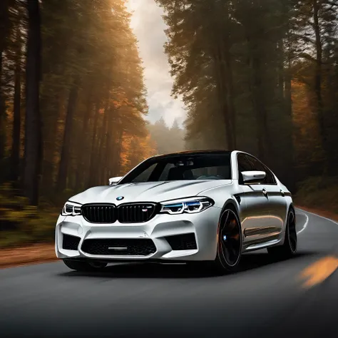 Ultra-realistic image，Forest Road，Drive the sporty white BMW M5. Gucci logo on the doors