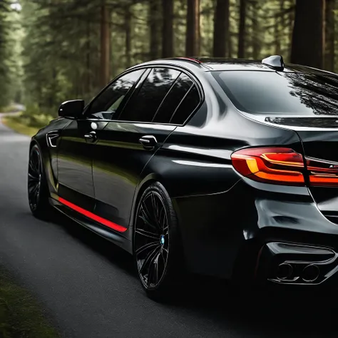 Ultra-realistic image，Forest Road，Drive the sporty white BMW M5. Gucci logo on the doors