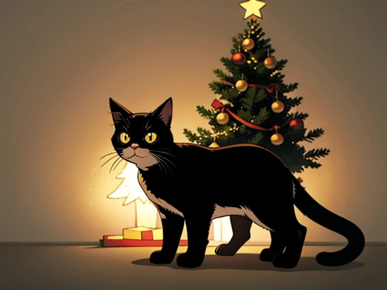 front view, baby cat, christmas, christmas tree, simple background, chiaroscuro.