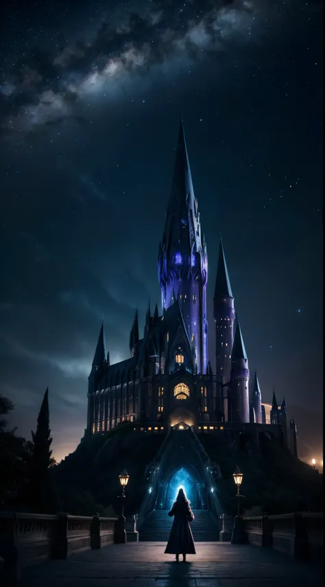 The image depicts Hogwarts at night, under a starry sky full of magical constellations. At the center of the composition, Lila Starlight stands out, a young witch with long black hair that seems to merge with the darkness of the night. His eyes reflect sta...