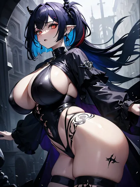 (masterpiece,best quality,ultra-detailed),1girl,messy hairstyle,mane,thick hair,long bob cut, multicolored hair,blue and red and yellow hair,aesthetic hairstyle,pointy ears,beautiful and detailed face, detailed eyes, goth fashion,night,fog,looking at viewe...