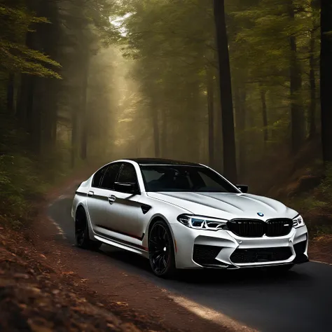 Ultra-realistic image，Forest Road，Drive the sporty white BMW M5. Gucci airbrushing on the doors