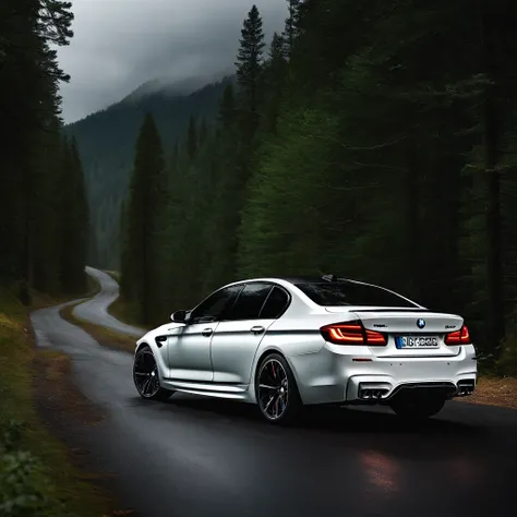 Ultra-realistic image，Forest Road，Drive the sporty white BMW M5. Gucci airbrushing on the doors