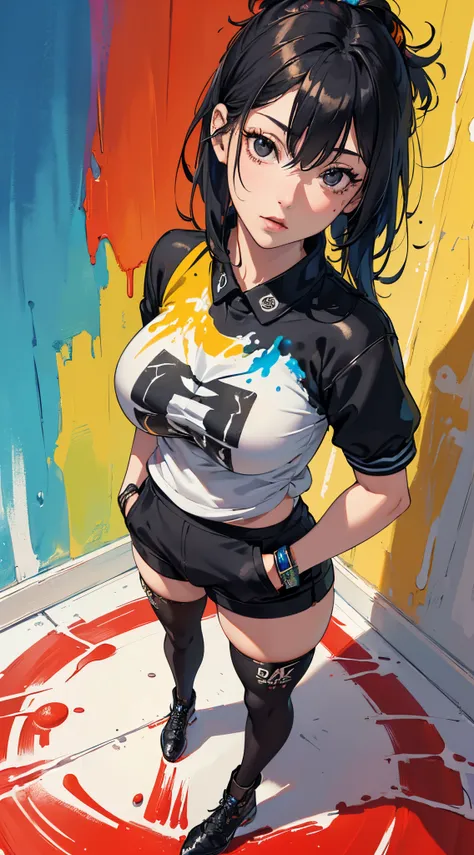 ((8k wallpaper of extremely detailed CG unit, ​masterpiece, hight resolution, top-quality, masutepiece)), ((a very beautiful woman, Hands in pockets:1.8, Grunge Fashion, Wearing tights)), ((extra detailed face, Highly detailed black eyes, Contrasting eyes,...